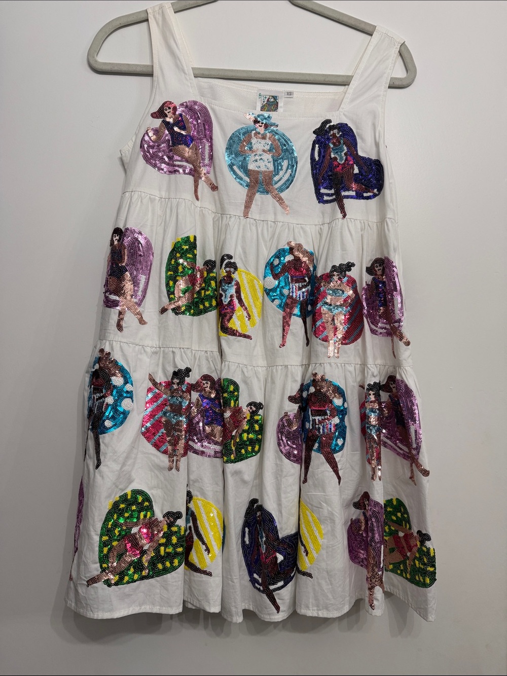 Queen of Sparkles White Sequin Embellished Tiered Sundress Skirt xs
